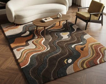 Abstract Brown Rug, Wavy Pattern Rug, Modern Area Rug, Handmade Wool Rug, Earthy Rug, Contemporary Rug, Organic Wave Rug, Textured Rug