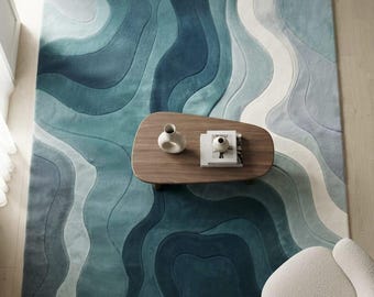 Blue Abstract Rug, Teal Area Rug, Wavy Pattern Rug, Handmade Wool Rug, Modern Contemporary Rug, Ocean Inspired Rug, Turquoise Rug