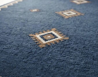 Blue Tribal Wool Rug, Hand Tufted Rug, Geometric Diamond Area Rug, Boho Southwestern Rug, Vintage Tribal Design