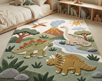 Dinosaur Kids Wool Rug, Hand Tufted Rug, Dinosaur Nursery Rug, Playroom Area Rug, Kids Room Decor