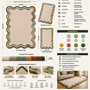 Op de afbeelding: Een rechthoekig, handgetuft wollen vloerkleed genaamd Wavy Border Rug, met een taupekleurig midden en een veelkleurige golvende rand in saliegroen, hemelsblauw, mosterdgeel, gebrand oranje en olijfgroen. Het meet 2000 mm bij 3000 mm, poolhoogte 12 mm.
