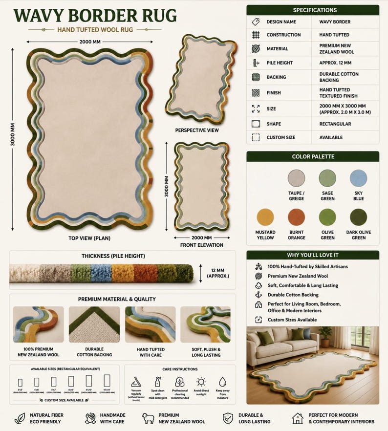 Op de afbeelding: Een rechthoekig, handgetuft wollen vloerkleed genaamd Wavy Border Rug, met een taupekleurig midden en een veelkleurige golvende rand in saliegroen, hemelsblauw, mosterdgeel, gebrand oranje en olijfgroen. Het meet 2000 mm bij 3000 mm, poolhoogte 12 mm.