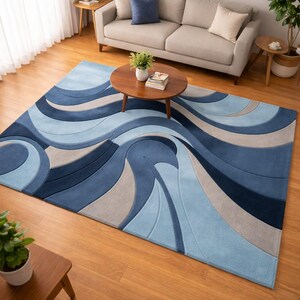 Modern Abstract Blue Area Rug | Handmade Tufted Carpet | Soft Living Room Rug | Wave Pattern Floor Rug | Bedroom Decor Rug | Luxury Home ,