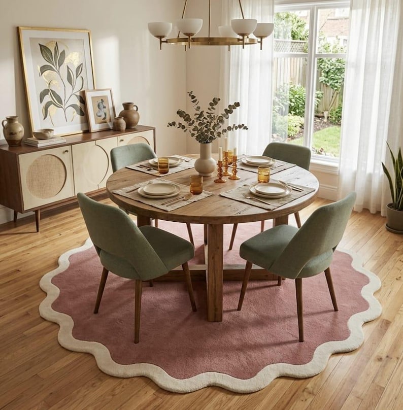 May include: A round wooden dining table with four sage green upholstered chairs, set on a large circular dusty rose rug with a cream scalloped border. The table is arranged with place settings, amber glassware, and a central vase with greenery.