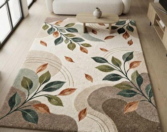 Botanical Leaf Wool Rug, Hand Tufted Rug, Modern Nature Area Rug, Vintage Botanical Rug, Earthy Green & Terracotta Leaf Design