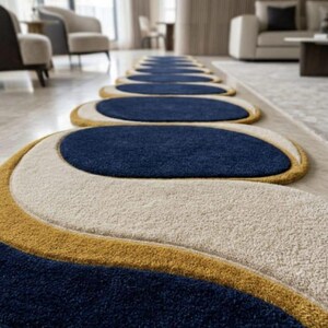Pode incluir: Uma passadeira longa com uma série de formas circulares e onduladas repetitivas. O design incorpora texturas tufadas em azul-marinho profundo, amarelo-mostarda quente e creme, criando um padrão fluido e em camadas pelo chão.