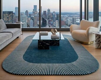 Modern Blue Wool Rug, Hand Tufted Rug, Abstract Geometric Area Rug, Navy Blue Arch Rug, Striped Border Rug, Contemporary Home Decor