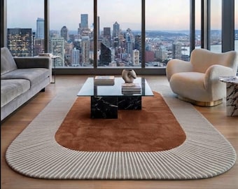 Terracotta Arch Area Rug, Modern Geometric Wool Rug, Taupe And Rust Abstract Rug, Rounded Rectangle Hand Tufted Statement Rug