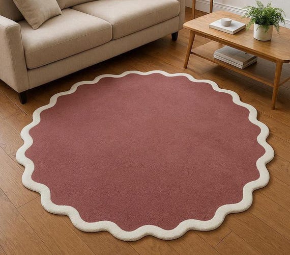 Round Scalloped Rug, Solid Color Round Rug, Minimalist Rug, Circle Area Rug, Modern Living Room Rug, Low Pile Rug, Bedroom Rug, Custom Rug