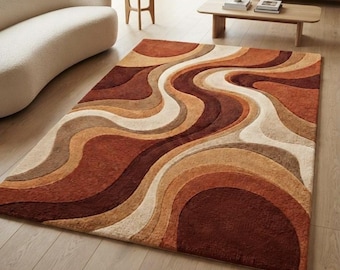 Rustic Abstract Wave Rug, Terracotta And Rust Wool Area Rug, Warm Earthy Modern Decor, Hand Tufted Statement Carpet