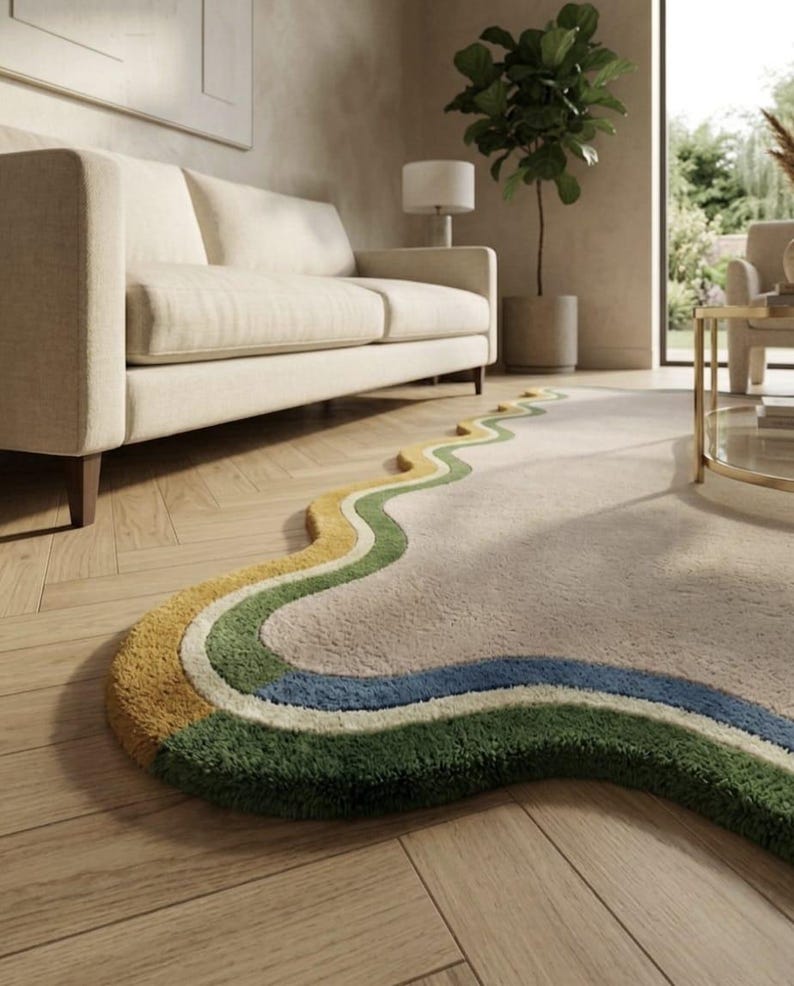 Op de afbeelding: Een vloerkleed met een onregelmatige, golvende vorm met een groot beige middenstuk, omrand door concentrische, golvende strepen in mosterdgeel, cr&egrave;me, saliegroen en diepblauw. Het kleed heeft een dikke, getufte textuur en ligt op een houten vloer.