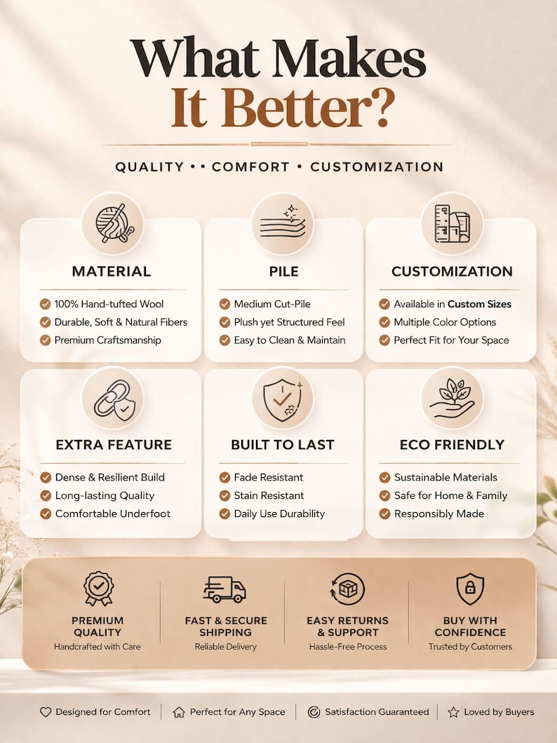 May include: An infographic titled What Makes It Better? detailing product features including 100% hand-tufted wool material, medium cut-pile, custom sizing, dense build, fade resistance, and sustainable materials. It lists service benefits like shipping and returns.