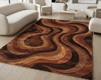 Abstract Brown Wool Rug, Hand Tufted Rug, Retro Wave Area Rug, Modern Mid Century Rug, Earthy Rust & Terracotta Swirl Design