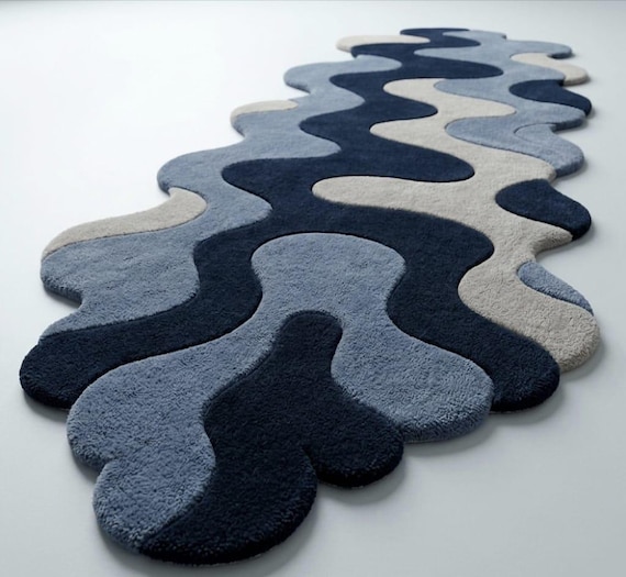Blue Abstract Runner Rug, Organic Shape Tufted Rug, Handmade Wool Carpet, Modern Wavy Area Rug, Unique Hallway Statement Rug