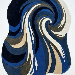 Ocean Wave Tufted Rug, Blue Abstract Area Rug, Irregular Shape Rug, Handmade Wool Carpet, Coastal Living Room Rug, Custom Size Rug