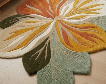 Floral Shape Rug, Flower Area Rug, Sage Green Terracotta Rug, Custom Size Rug, Modern Living Room Decor