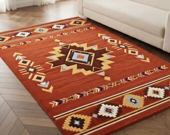 Southwestern Geometric Wool Rug, Hand Tufted Rug, Red Tribal Area Rug, Boho Western Rug, Aztec Geometric Decor, Rustic Modern Rug