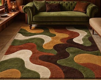Green Abstract Wool Rug, Hand Tufted Rug, Modern Organic Area Rug, Earthy Wave Pattern Rug, Contemporary Botanical Inspired Rug