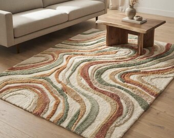 Sage Green Terracotta Abstract Wool Rug, Hand Tufted Rug, Organic Wavy Area Rug, Modern Boho Rug
