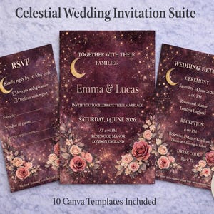 May include: Celestial wedding invitation suite with a burgundy and gold celestial design. The suite includes RSVP, wedding details, and invitation cards. Each card features floral accents and the text "Emma & Lucas".