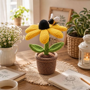 Sonnenblume im Topf Häkelanleitung, Amigurumi Bumble Bee PDF, Süße Blume Pflanze Schreibtisch Deko Anleitung, Sommer Digital Download DIY Geschenk