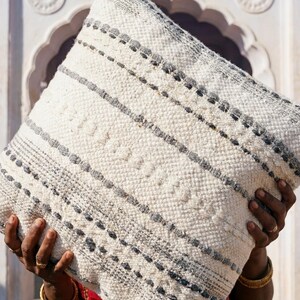 Hand-Textured Bohemian Cotton Cushion Cover – Off-White Shag Throw Pillow (18x18)