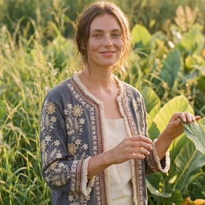 May include: A woman wearing a grey jacket with floral embroidery and fringed trim. The jacket has cream and burgundy accents. She is standing in a field of tall green grass and large leaves.