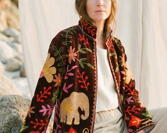 Embroidered Velvet Suzani Jacket – Elephant Floral Boho Statement Coat