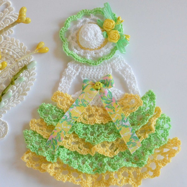 Summer Crinoline Lady Hand Crochet Doily ~ White w Lemon ~ Lime Ruffles