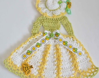 Summer Crinoline Lady Hand-Crochet Doily / Bee Theme