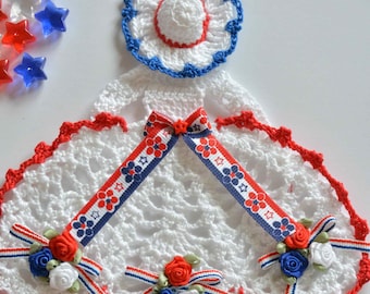 Patriotic Crinoline Lady Hand Crochet Doily / USA ~ Americana