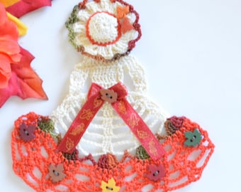 Fall Crinoline Lady Hand-Crochet Doily / Cream and Fall