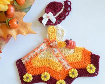 Fall Theme Crinoline Lady Hand Crochet Doily / Sunflowers & Pumpkin