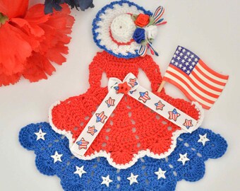 Patriotic Crinoline Lady Hand Crochet Doily / USA ~ Americana