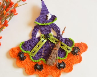 Halloween Crinoline Lady Witch ~  Hand Crochet Doily / Purple & Orange