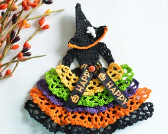Halloween Witch Crinoline Lady Hand Crochet Doily - Black w Ruffles