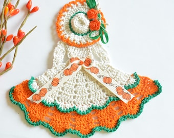 Pumpkin Theme Crinoline Lady Hand-Crochet Doily