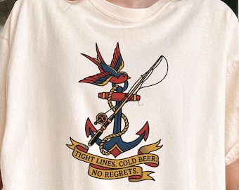 Enge Linien, kein Bedauern Shirt, Vintage Tattoo Angeln T-Shirt, Anker Schwalbe Grafik, lustiger Fischer Rundhalsausschnitt, Angeln Liebhaber Komfort Farben
