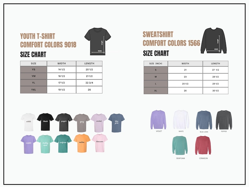 K&ouml;nnte beinhalten: Eine Gr&ouml;&szlig;entabelle f&uuml;r Jugend-T-Shirts und Sweatshirts mit Comfort Colors 9018 und 1566. Die T-Shirt-Gr&ouml;&szlig;entabelle enth&auml;lt die Gr&ouml;&szlig;en YS, YM, YL und YXL, mit Ma&szlig;en in Zoll. Die Sweatshirt-Gr&ouml;&szlig;entabelle enth&auml;lt die Gr&ouml;&szlig;en S, M, L und XL.