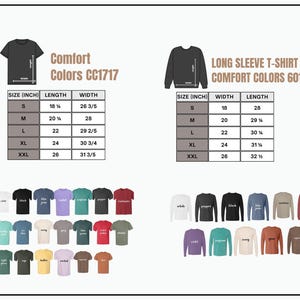 K&ouml;nnte beinhalten: Bild mit einem Comfort Colors CC1717 T-Shirt und einem Comfort Colors 6014 Langarm-T-Shirt. Gr&ouml;&szlig;entabellen in Zoll sind enthalten. Verschiedene T-Shirt- und Langarmfarben werden angezeigt, darunter Wei&szlig;, Schwarz und Blau.