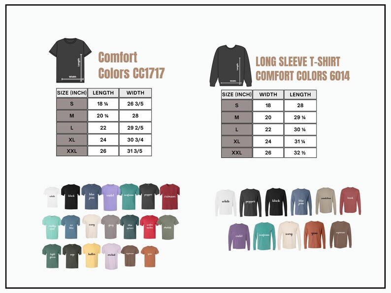 K&ouml;nnte beinhalten: Bild mit einem Comfort Colors CC1717 T-Shirt und einem Comfort Colors 6014 Langarm-T-Shirt. Gr&ouml;&szlig;entabellen in Zoll sind enthalten. Verschiedene T-Shirt- und Langarmfarben werden angezeigt, darunter Wei&szlig;, Schwarz und Blau.