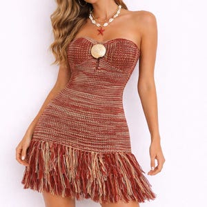 white christmas dresses One Shoulder Crochet Fringe Dress