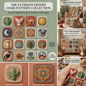 Könnte beinhalten: Eine digitale Mustersammlung mit dem Titel The Ultimate Desert Oasis Pattern Collection mit 24 Häkelquadrat-Designs, darunter Kakteen, Tiere und geometrische Formen. Enthält Bilder einer fertigen Decke und einer Babydecke.