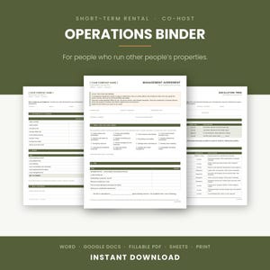 Könnte beinhalten: Ein digitaler Betriebsordner für Kurzzeitvermietungs-Co-Hosts, bestehend aus drei weißen Dokumentenseiten mit olivgrünen Überschriften und Text. Die Seiten enthalten eine Managementvereinbarung, Leistungskennzahlen und einen Eskalationsbaum.