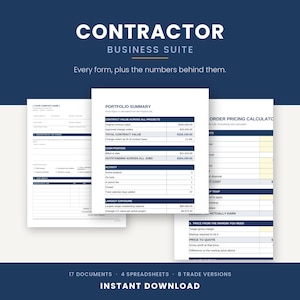 May include: A digital contractor business suite featuring a portfolio summary, change order form, and pricing calculator. The documents include tables with financial data, project activity, and cost impact fields on a dark blue background.