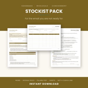 May include: A digital stockist pack template set featuring a line sheet, wholesale terms, and consignment agreement documents. The white pages contain black text and brown headers, designed for business use in Word, Google Docs, or PDF formats.