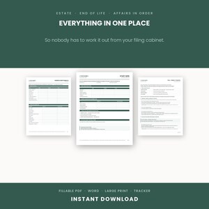 Peut inclure: Un ensemble de documents de planification successorale numérique comprenant trois pages blanches avec des en-têtes et du texte vert foncé. Les pages incluent des sections intitulées Start Here, Where Everything Is et Tell Them It Exists.