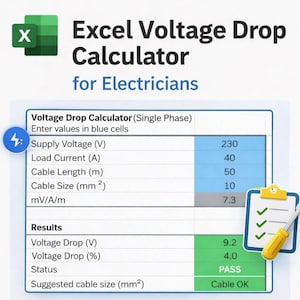 May include: An Excel Voltage Drop Calculator for Electricians is displayed. The calculator shows input fields for voltage, current, cable length (50 meters), and cable size. The results show a voltage drop of 9.2V and a status of "PASS".
