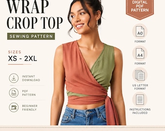 Schnittmuster für ein Wickel-Crop-Top (PDF) | Wickelbluse für Damen | XS-2XL | A4, A0, US Letter | Anfängerschnittmuster | Sofort-Download