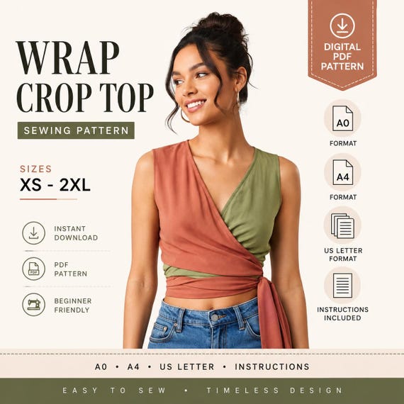 Wrap Crop Top Sewing Pattern PDF | Women's Wrap Blouse | XS-2XL | A4 A0 US Letter | Beginner Sewing Pattern | Instant Download